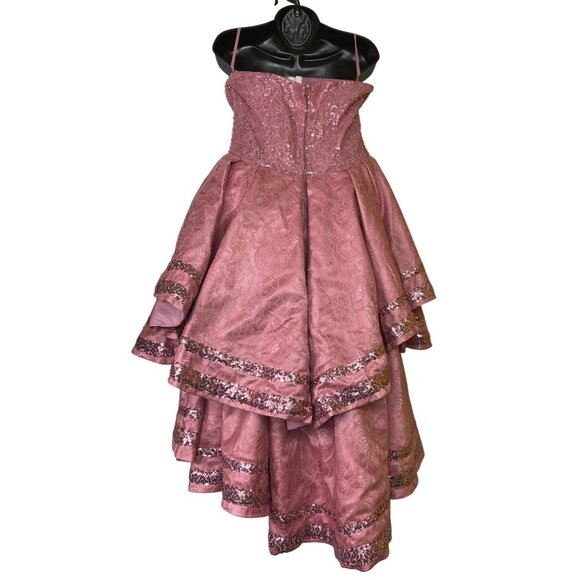 Vintage Pink High-Low Dress Sequin Lace Layered Ruffle Medium Fairy Princess Y2K - Picture 4 of 4